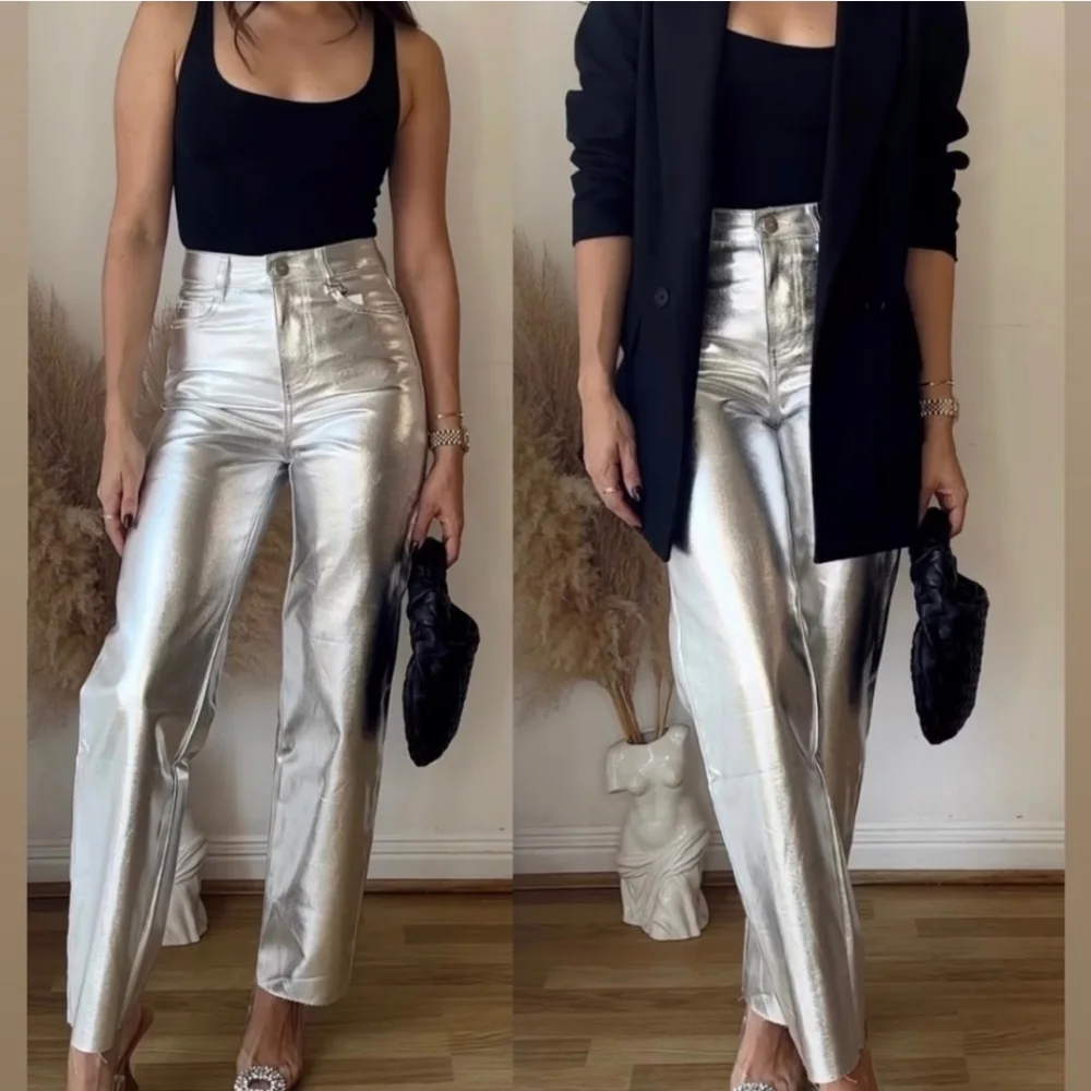 Zara SET  2 pc Metallic Crop Jacket and  Jeans size S and 0 Silver Foil_12